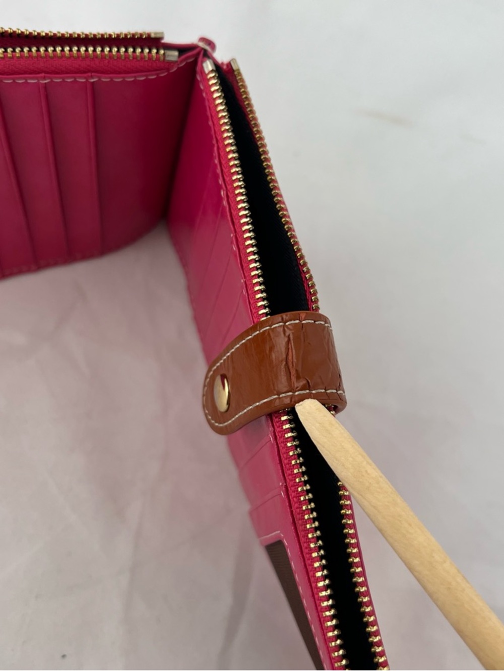 Pink Leather Zip Wallet with Brown Snap Tab - Picture 4 of 5